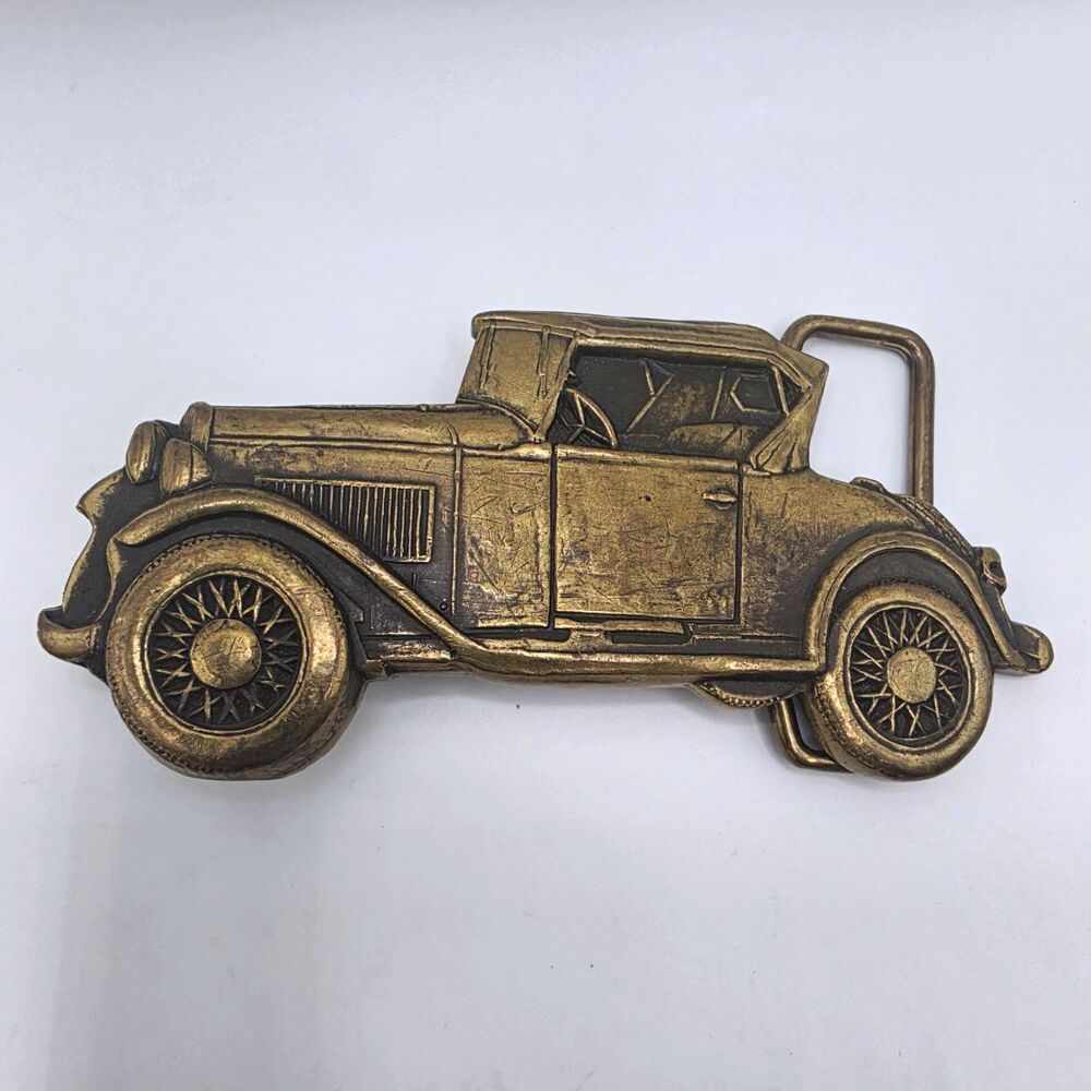 Vintage AJ Dezy 0713 Antique Roadster Car Belt Buckle Brass Tone 1970s